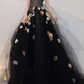 A Line Black Tulle Prom Dress With Flowers Puffy Quinceanera Dresses        fg3963