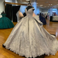Silver Off Shoulder Ruffled Back Ball Gown Prom Dress Appliqué Beads Sweet 16th Dress    fg3812