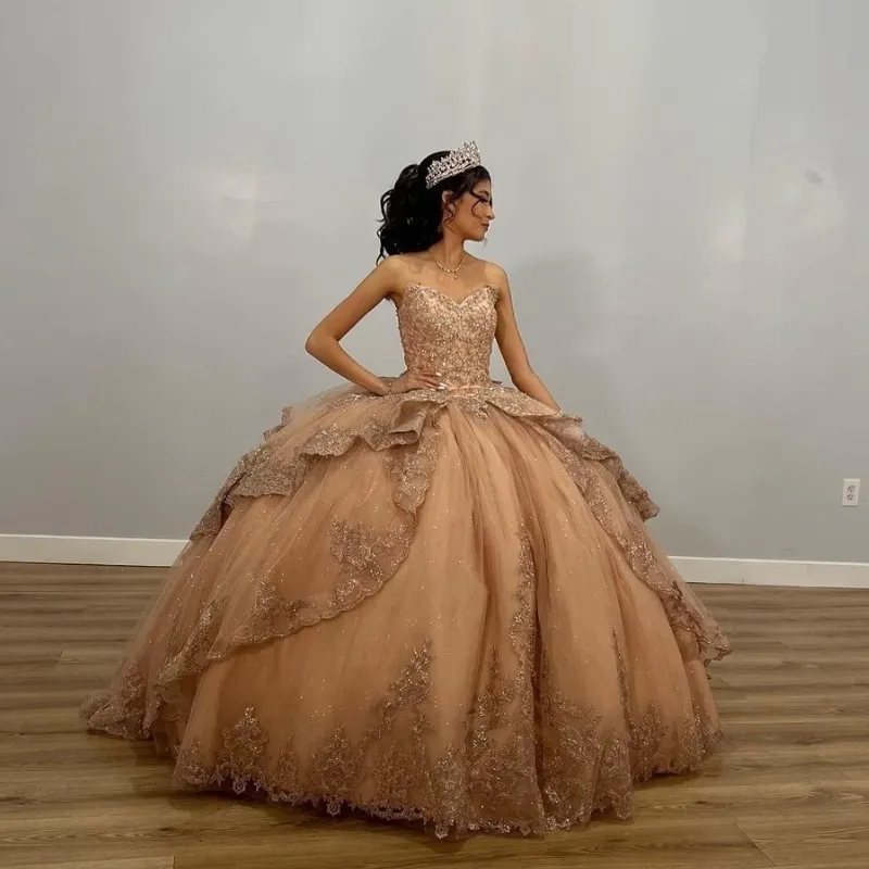 Champagne Shiny Off The Shoulder Ball Gown Quinceanera Dress Appliques Lace Beaded Birthday Party Gowns Sweet 16 vestidos       fg5679