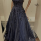 A-Line Spaghetti Strap A-Line Lace Appliques Long Prom Dress       fg4825