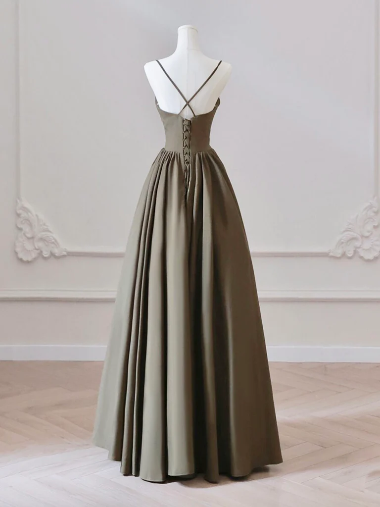 A-Line V Neck Satin Olive Green Long Prom Dress, Olive Green Long Formal Dress      fg4938