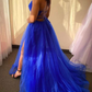 Robe de bal trapèze en tulle, col en V, bretelles spaghetti, traîne, avec fente, fg4750