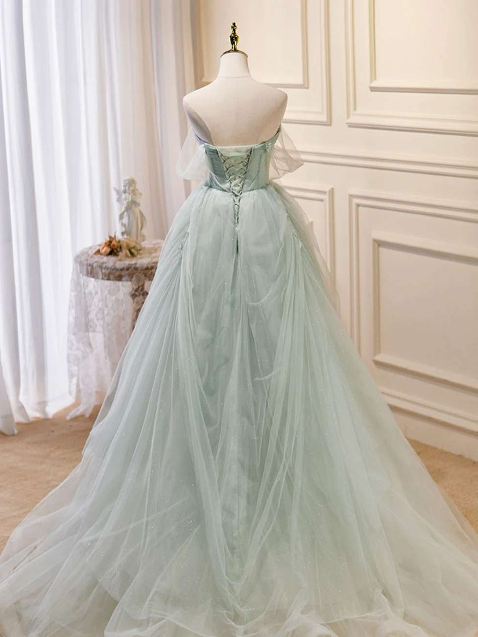 A-Line Off Shoulder Tulle Green Long Prom Dresses, Green Formal Dress with Beading       fg5475