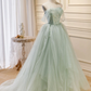 A-Line Off Shoulder Tulle Green Long Prom Dresses, Green Formal Dress with Beading       fg5475