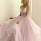 A Line V Neck Pink Tulle Long Prom Dresses, A Line V Neck Pink Tulle Long Formal Evening Dresses      fg4139