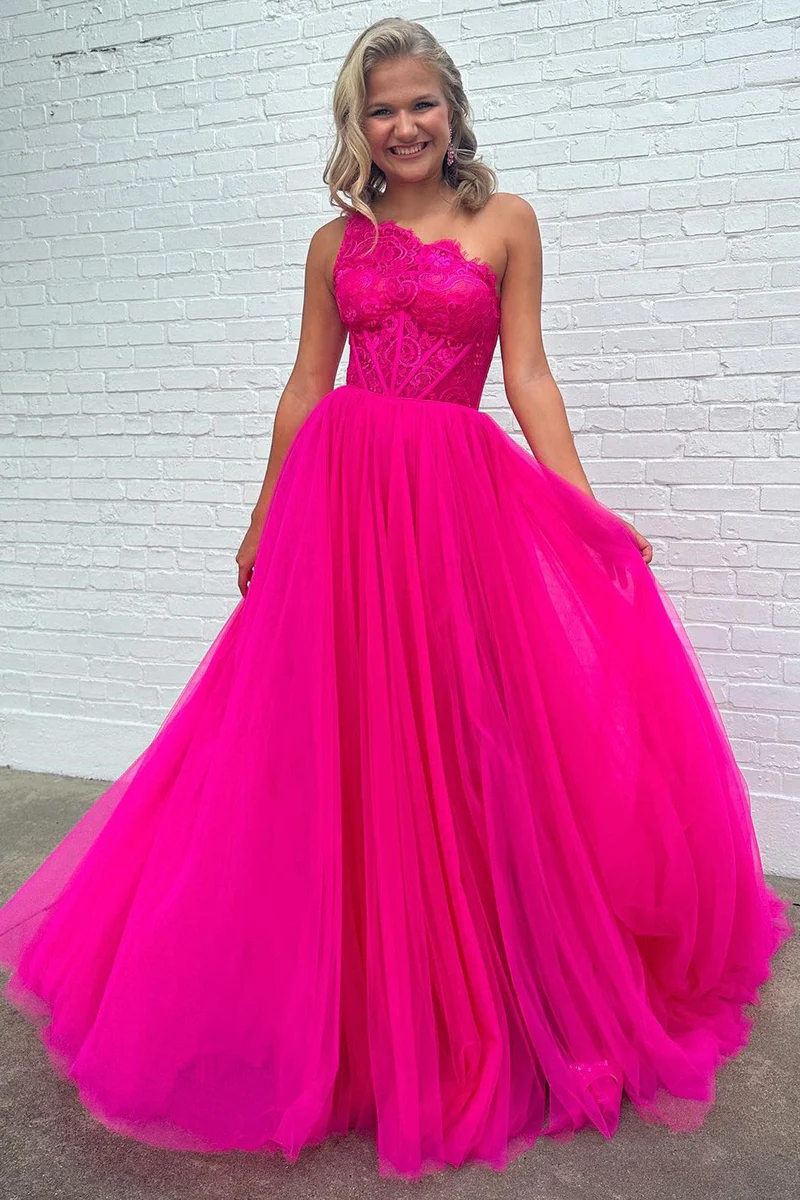 A-Linie One-Shoulder-Spitzen-Tüll-Ballkleid mit Schlitz fg4741