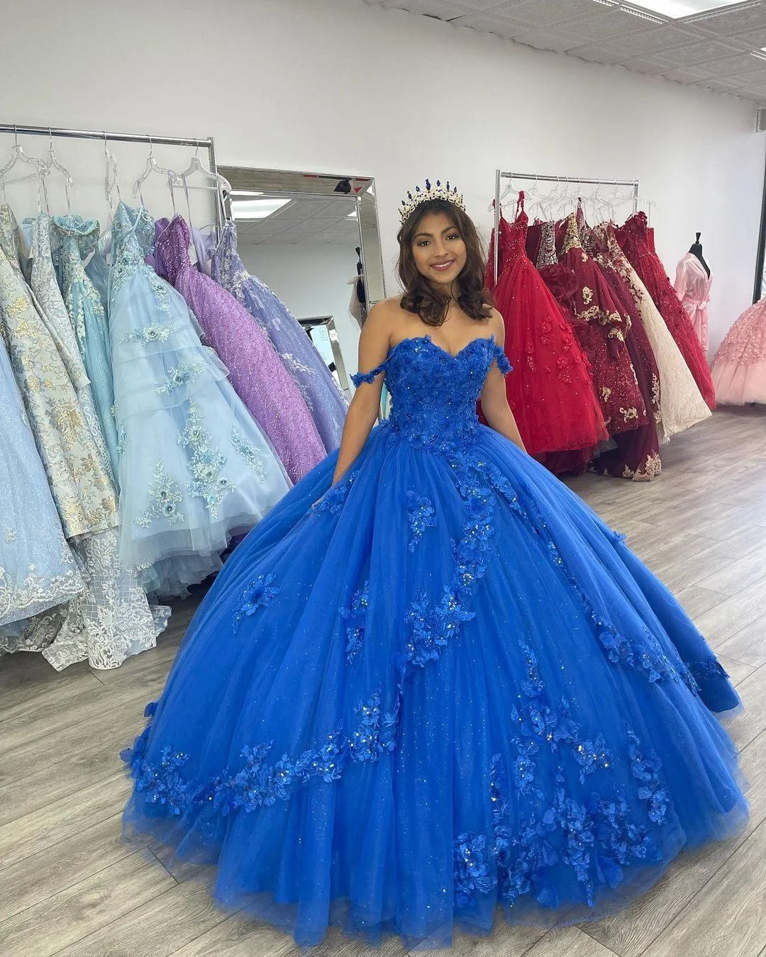 Royal Blue Quinceanera Dresses Lace Appliques Off Shoulder Tulle Evening Gowns     fg5524