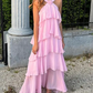 Pink A-line Tiered Prom Dress,Pink Backless Evening Dress    fg4539