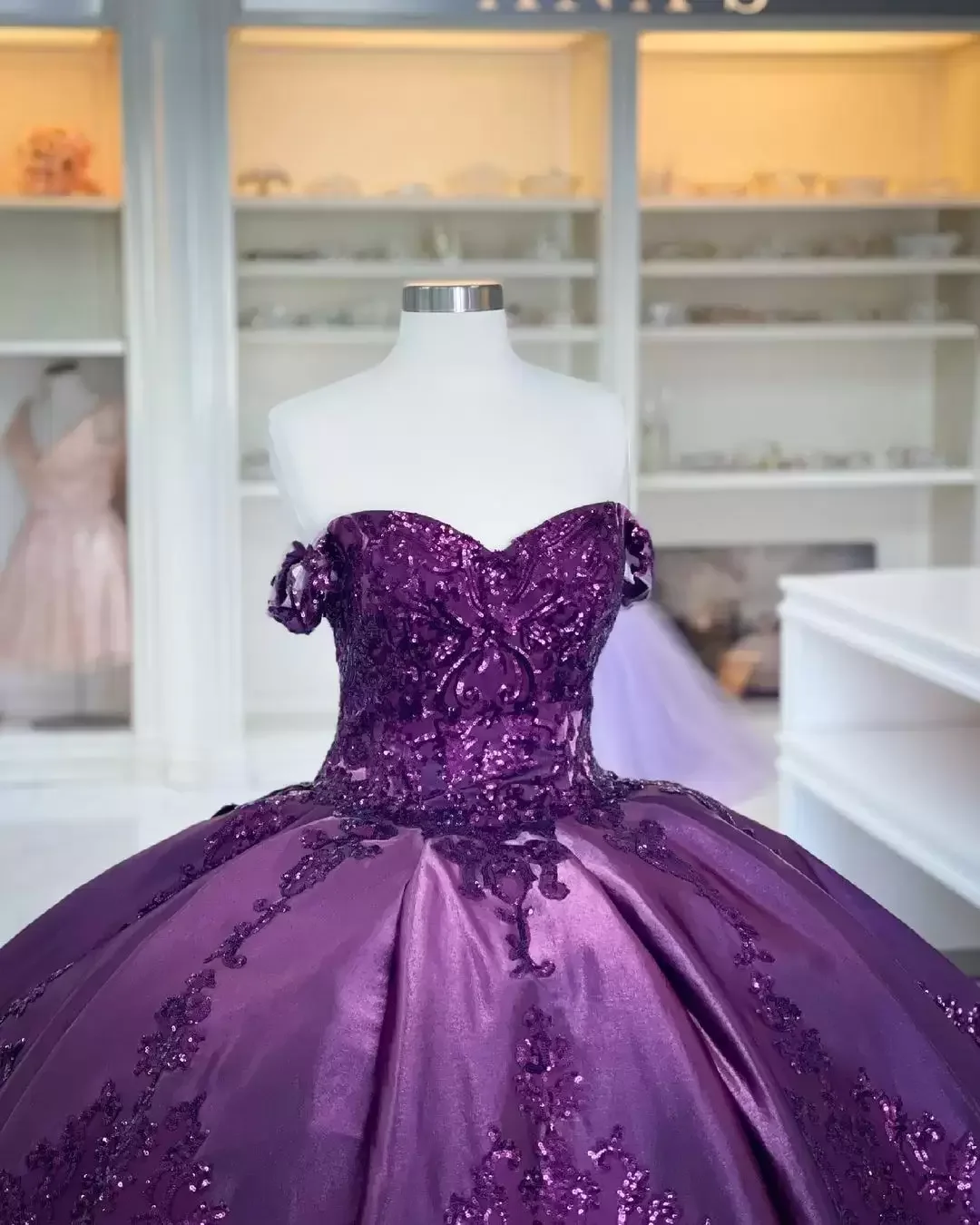 Dark Purple Ball Gown Quinceanera Dresses Bling Sequined Applique Off Shoulder Prom Party Dress       fg5997