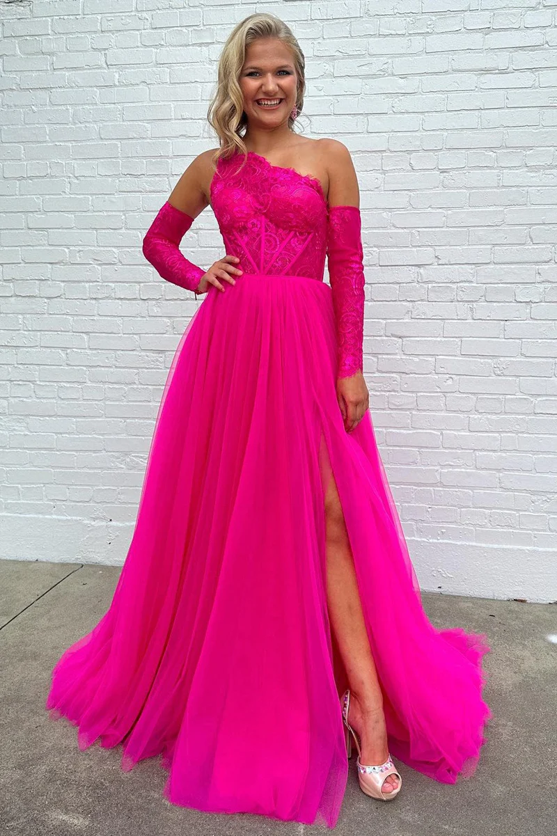 A-Linie One-Shoulder-Spitzen-Tüll-Ballkleid mit Schlitz fg4741