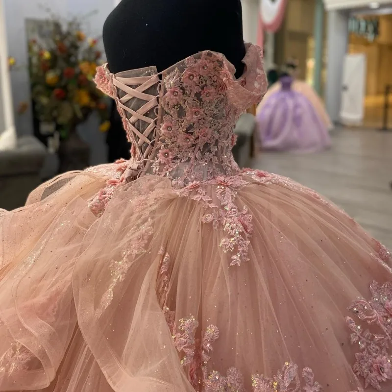 Pink Lace Long Prom Dresses, Ball Gown Sweet 16 Dresses    fg3427