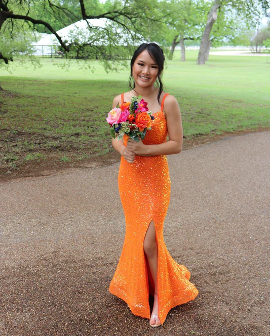 Elegant Mermaid Orange Sequins Long Prom Dress Formal Evening Dresses       fg4727
