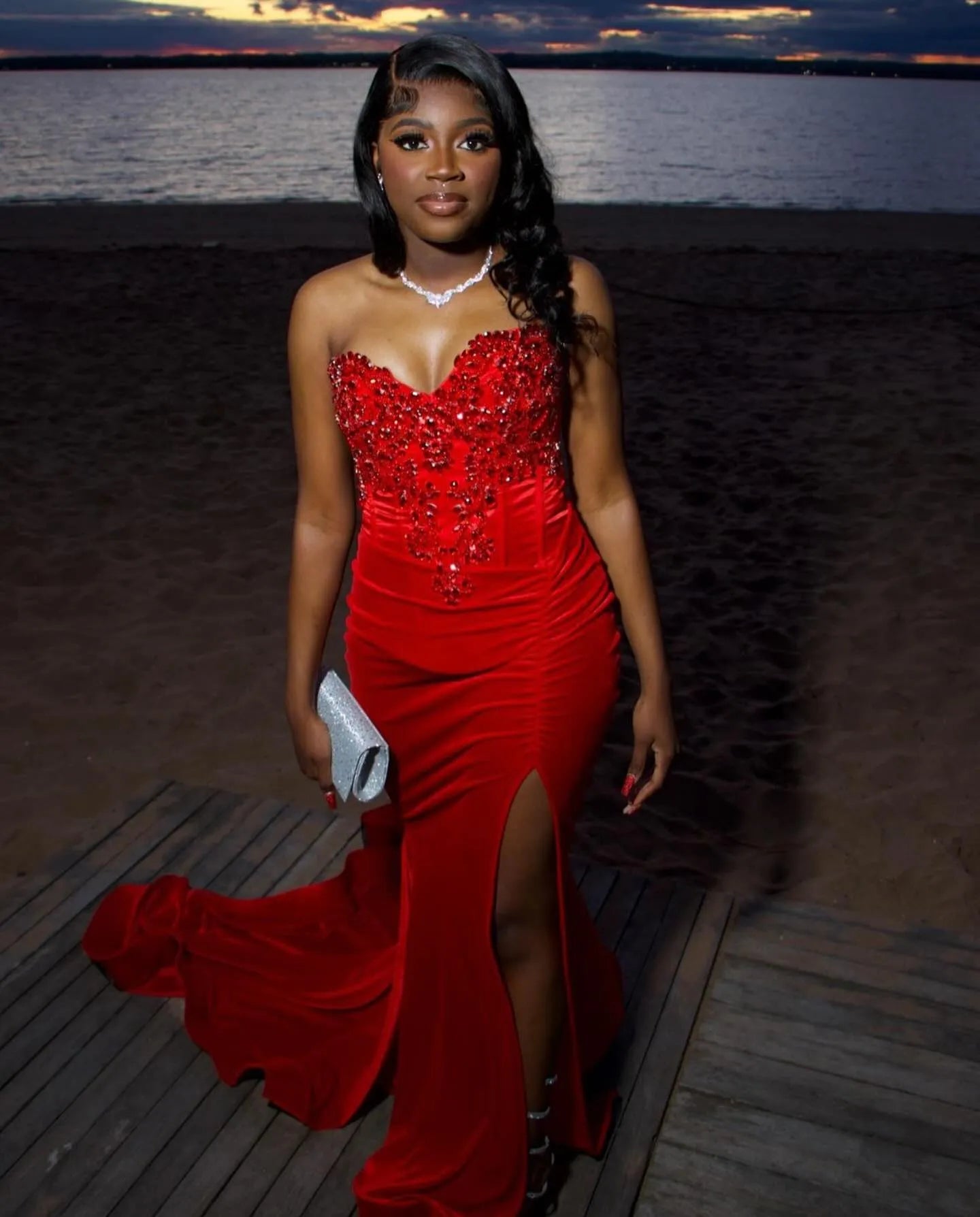 Beaded Mermaid Prom Dress Red Sweetheart Evening Gown   fg7523