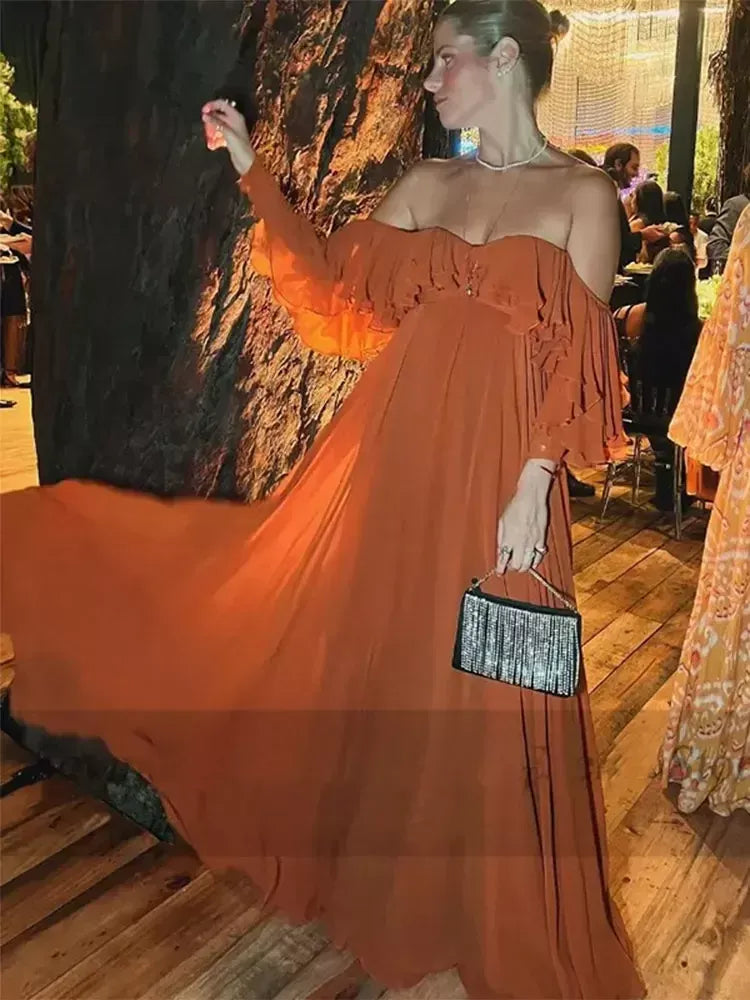 Classic Chiffon Evening Dresses Ruffles A Line Long Prom Gowns    fg7465