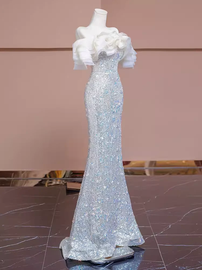 Mermaid Off The Shoulder Sequin Long Evening Dress Beads Prom Dress  fg8578