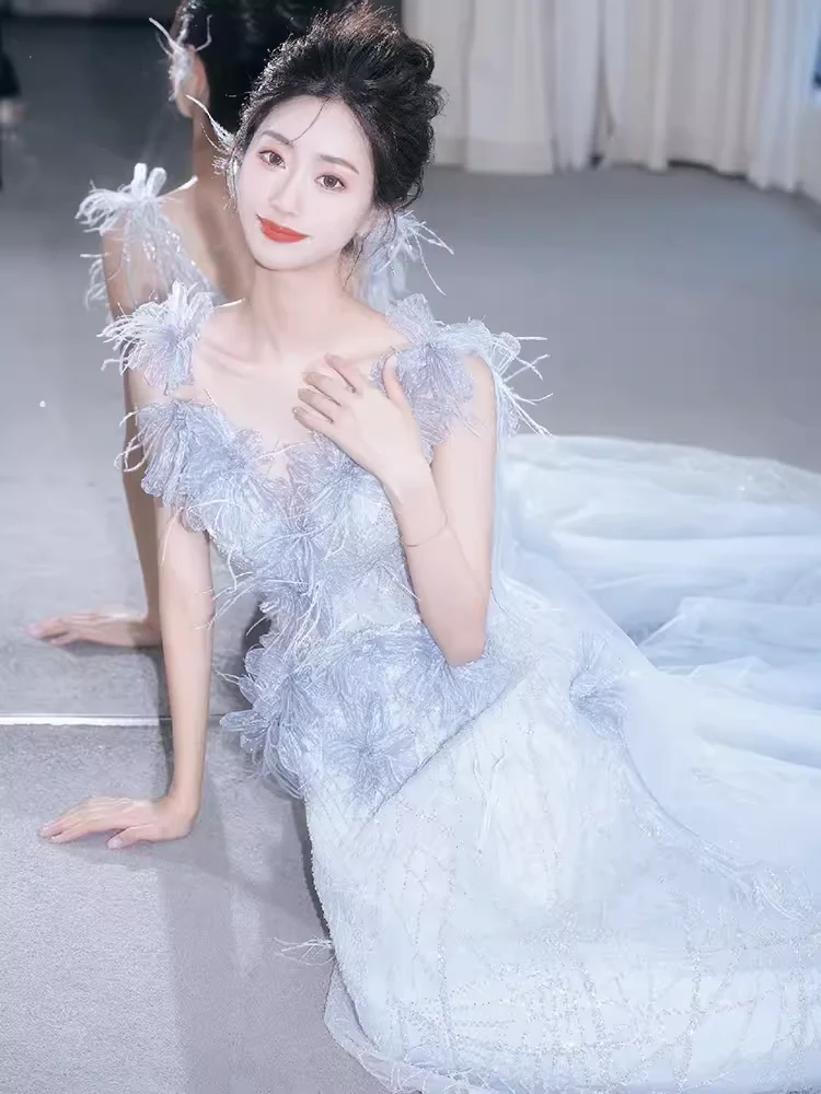 Mermaid Straps Gray Sequin Long Evening Dress Beads Prom Dress  fg8579