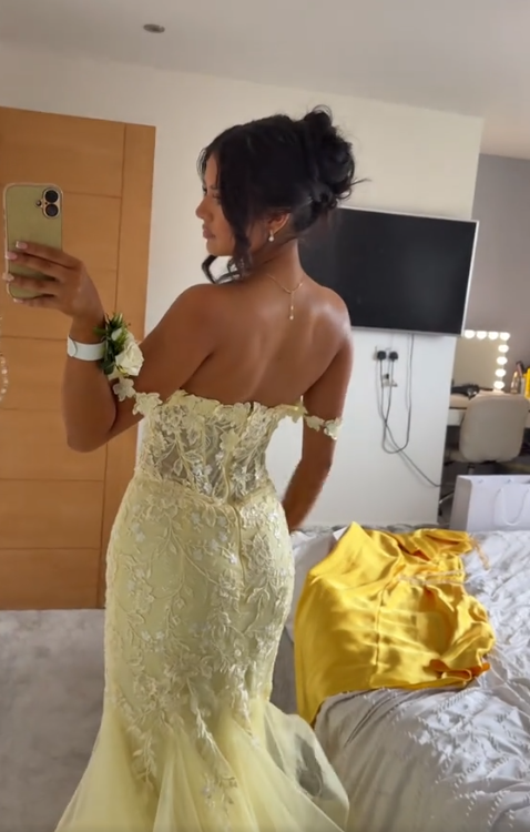 Gelbes Meerjungfrau-Spitzen-Abend-Ballkleid, langes Party-Abendkleid fg7181