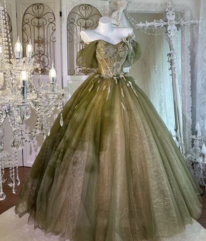 Off The Shoulder A Line Green Tulle Prom Party Dress Evening Dress Birthday Dress  fg8645