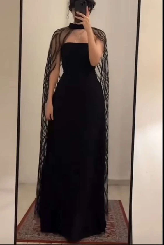 A Line Strapless Black Tulle Long Prom Dresses With Cape Evening Dress fg8514