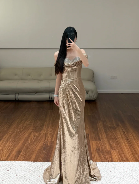 Off The Shoulder Champane Prom Party Dress Birthday Dress Evening Dress fg8625