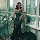 Luxury One Shoulder Satin Beaded Evening Dress Emerald Green Mermaid Prom Dress fg8412