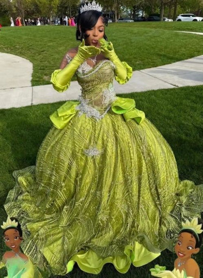 Sweetheart Ball Gown Green Long Prom Dresses Sparkly Rhinestone Tulle Green Sweet 16 Dress fg8536