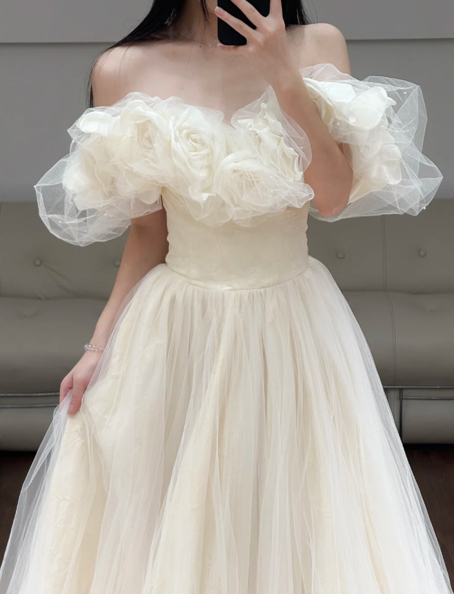 Off The Shoulder A Line Prom Dress Beige Tulle Birthday Dress  fg8622