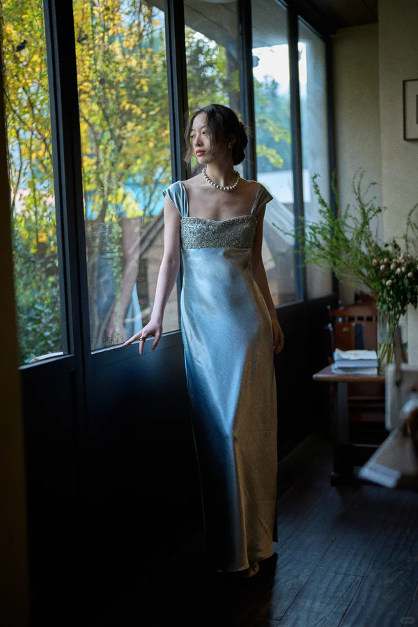 Elegant Blue A Line Straps Beaded Satin Long Prom Dress Evening  Dress fg8690