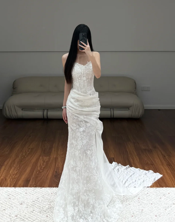Sleeveless White Lace Wedding Dress Mermaid Classy Wedding Gowns  fg8679