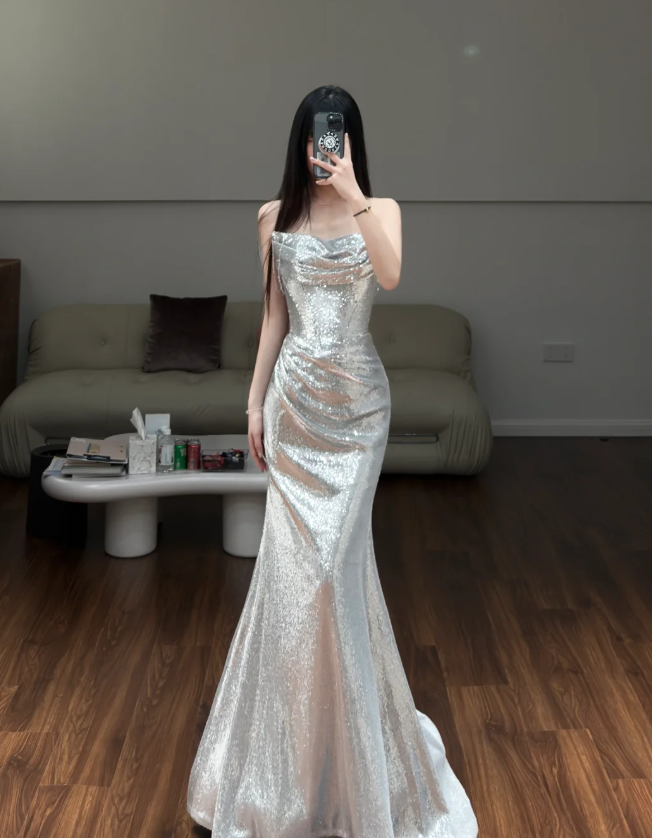 Silver Mermaid Prom Party Dress Evening Dress Birthday Outfit fg8604