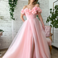 Rosa Blumen-Ballkleider, schulterfreies Abendkleid, langes Tüll-Ballkleid fg4679