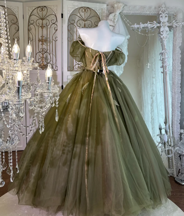 Off The Shoulder A Line Green Tulle Prom Party Dress Evening Dress Birthday Dress  fg8645