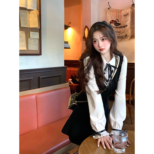 Faux two-piece shirt long-sleeved black dress  A10