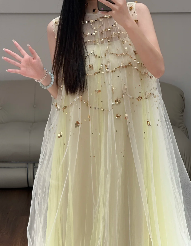 Yellow Tulle Prom Party Dress Sequin Evening Dress Party Dress  fg8621