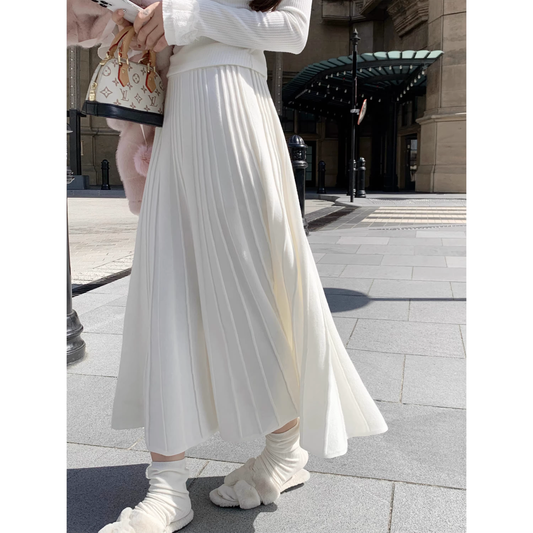 White, soft, pleated knit midi skirt A17