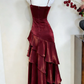 Wine Red Satin Ruched Prom Dress,Spaghetti Straps Tiered Party Dress Evening Dress  fg8720