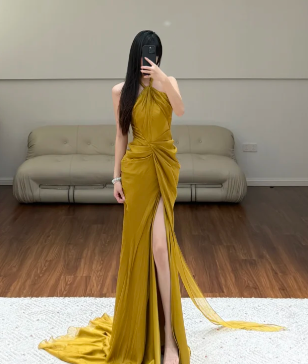 Halter Neck Yellow Prom Party Dress Evening Dress Birthday Dress fg8615