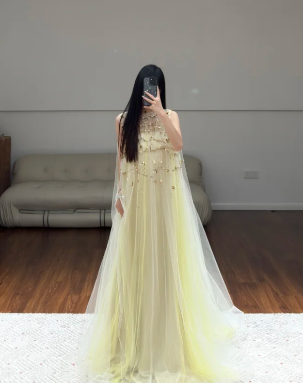 Yellow Tulle Prom Party Dress Sequin Evening Dress Party Dress  fg8621