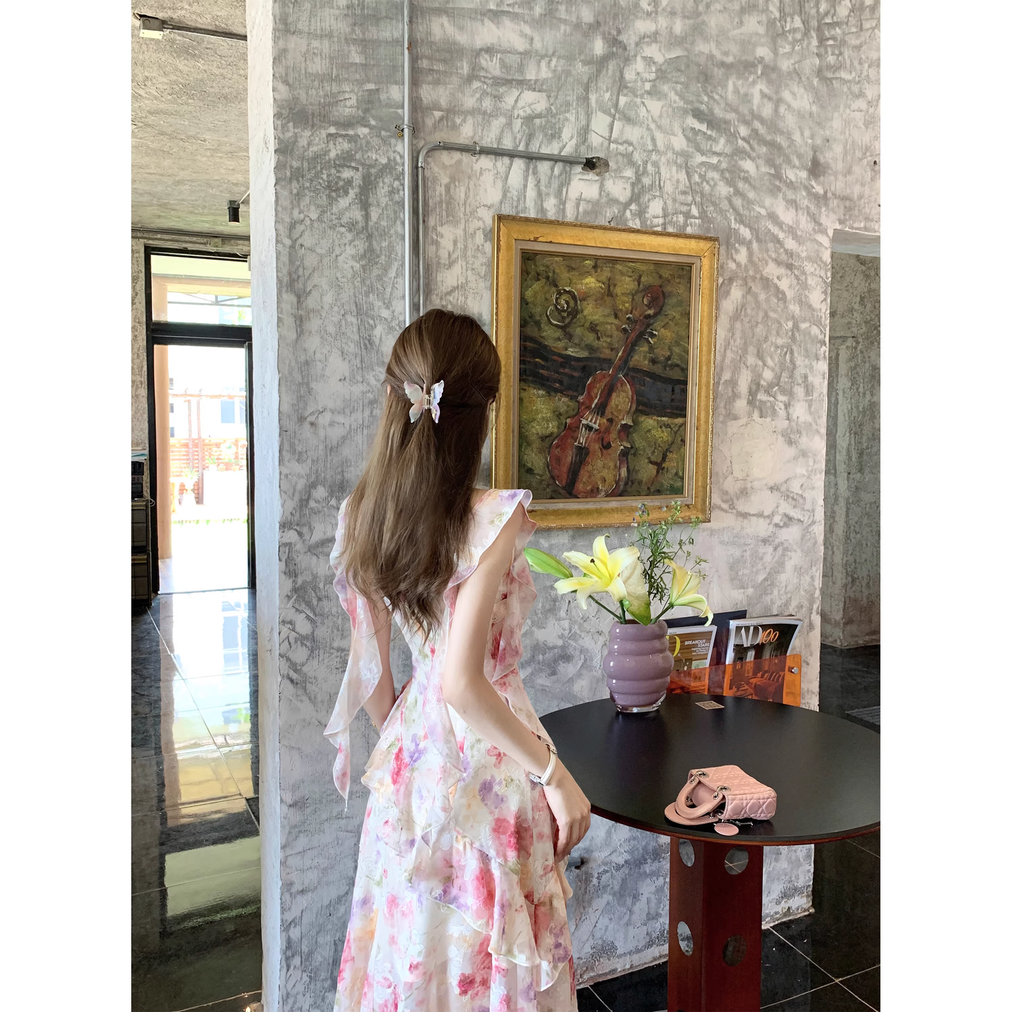 French-style resort pink floral print maxi dress for women  A25