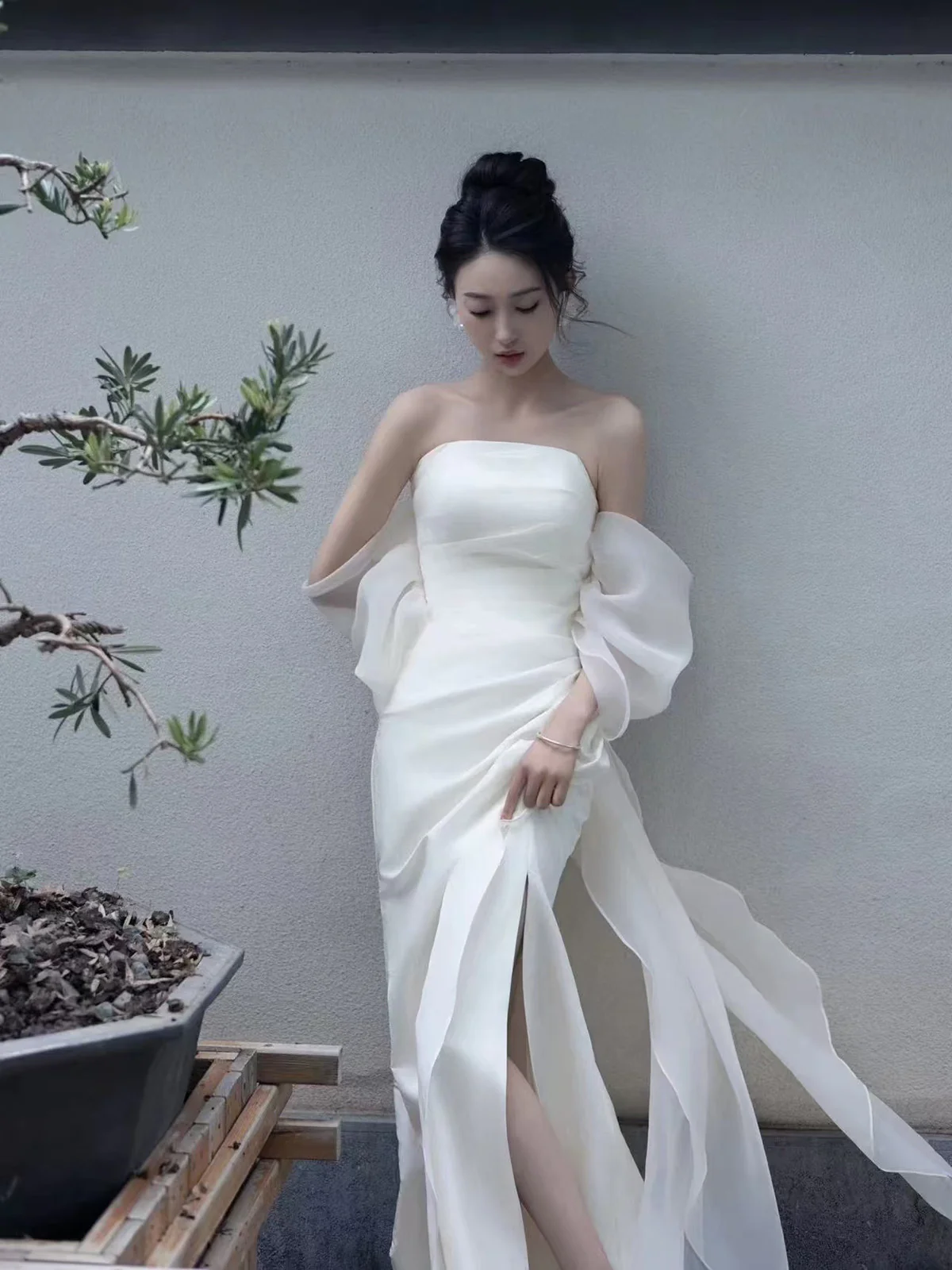 Elegant White Strapless Prom Dress, High Slit Fairy Wedding Guest Gown Maxi Dress  fg8726