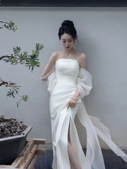 Elegant White Strapless Prom Dress, High Slit Fairy Wedding Guest Gown Maxi Dress  fg8726