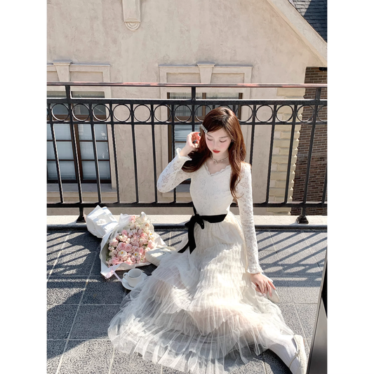 Fleece-lined lace cake mesh dress for women in winter  A28