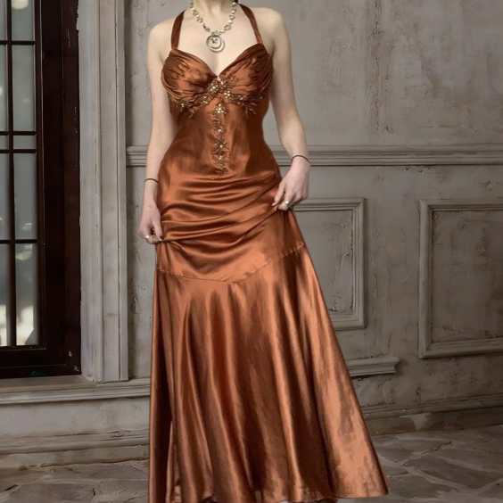 Neckholder A-Linie Satin Langes Ballkleid Vintage Formales Partykleid fg5843