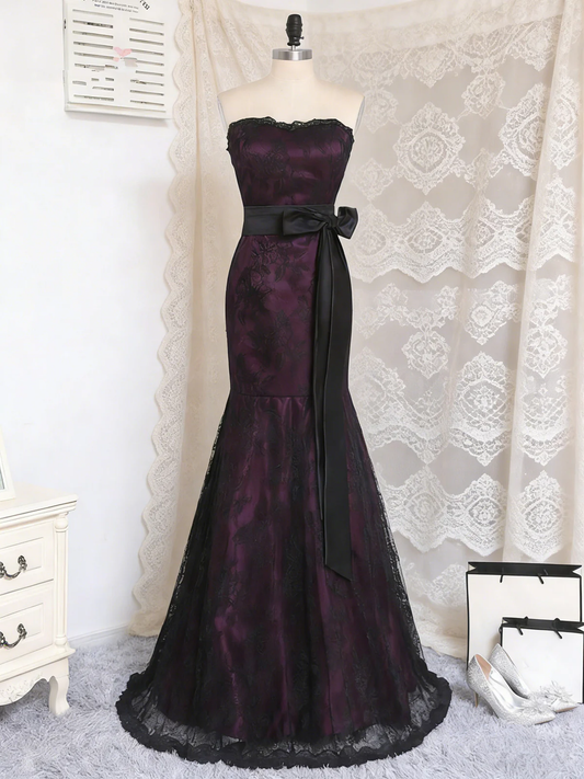 Gothic Purple and Black Lace Mermaid Prom Gown, Strapless Floor-Length Party Dress Evening Dress  fg8734