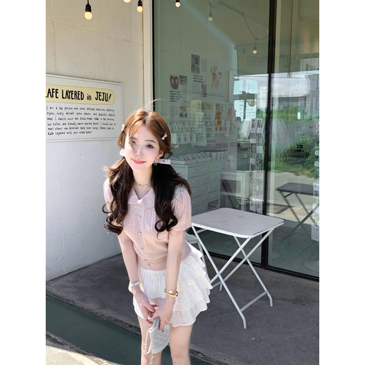 Pink Knitted Peter Pan Collar Short-Sleeved Pullover Top   A98