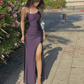 Robe de bal fourreau simple avec fente, robe de remise de diplôme bleu marine foncé fg4187