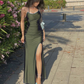 Robe de bal fourreau simple avec fente, robe de remise de diplôme bleu marine foncé fg4187