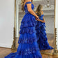 Off Shoulder Layered Navy Blue Lace Long Prom Dress with Split, Off the Shoulder Navy Blue Formal Dress     fg4837