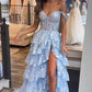 Off Shoulder Layered Navy Blue Lace Long Prom Dress with Split, Off the Shoulder Navy Blue Formal Dress     fg4837