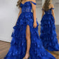 Off Shoulder Layered Navy Blue Lace Long Prom Dress with Split, Off the Shoulder Navy Blue Formal Dress     fg4837